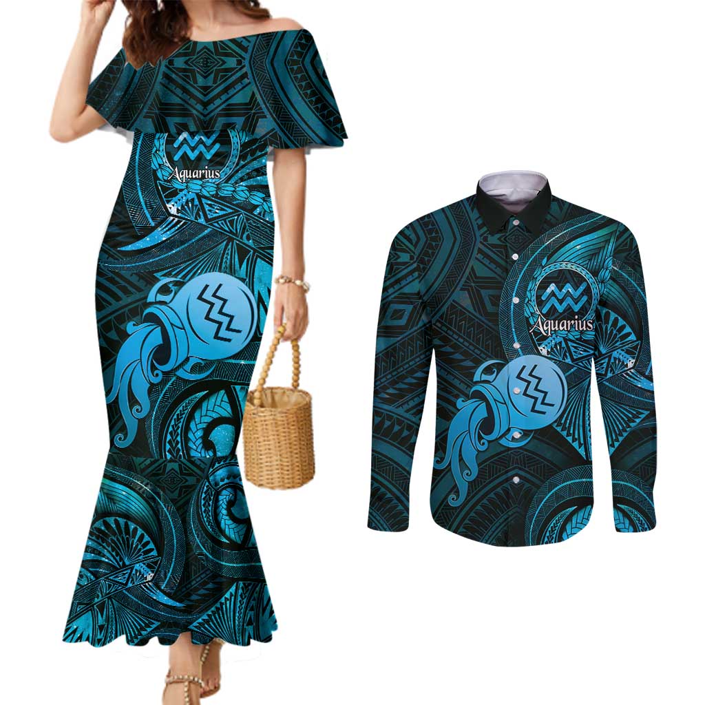 Personalised Polynesia Zodiac Aquarius Couples Matching Mermaid Dress and Long Sleeve Button Shirt Galaxy Polynesian Pattern Chest Tattoo Style LT14 Blue - Polynesian Pride