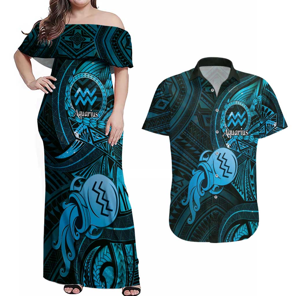 Personalised Polynesia Zodiac Aquarius Couples Matching Off Shoulder Maxi Dress and Hawaiian Shirt Galaxy Polynesian Pattern Chest Tattoo Style LT14 Blue - Polynesian Pride