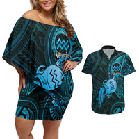 Personalised Polynesia Zodiac Aquarius Couples Matching Off Shoulder Short Dress and Hawaiian Shirt Galaxy Polynesian Pattern Chest Tattoo Style LT14 Blue - Polynesian Pride