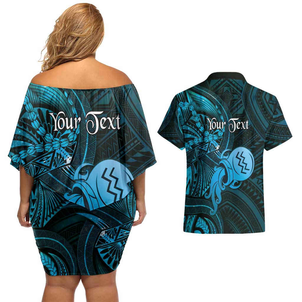 Personalised Polynesia Zodiac Aquarius Couples Matching Off Shoulder Short Dress and Hawaiian Shirt Galaxy Polynesian Pattern Chest Tattoo Style LT14 - Polynesian Pride