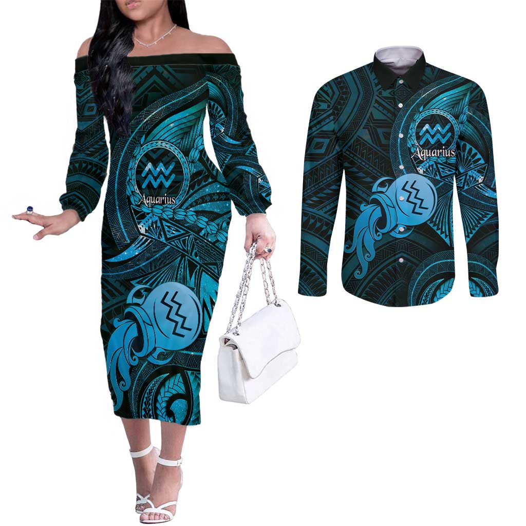 Personalised Polynesia Zodiac Aquarius Couples Matching Off The Shoulder Long Sleeve Dress and Long Sleeve Button Shirt Galaxy Polynesian Pattern Chest Tattoo Style LT14 Blue - Polynesian Pride