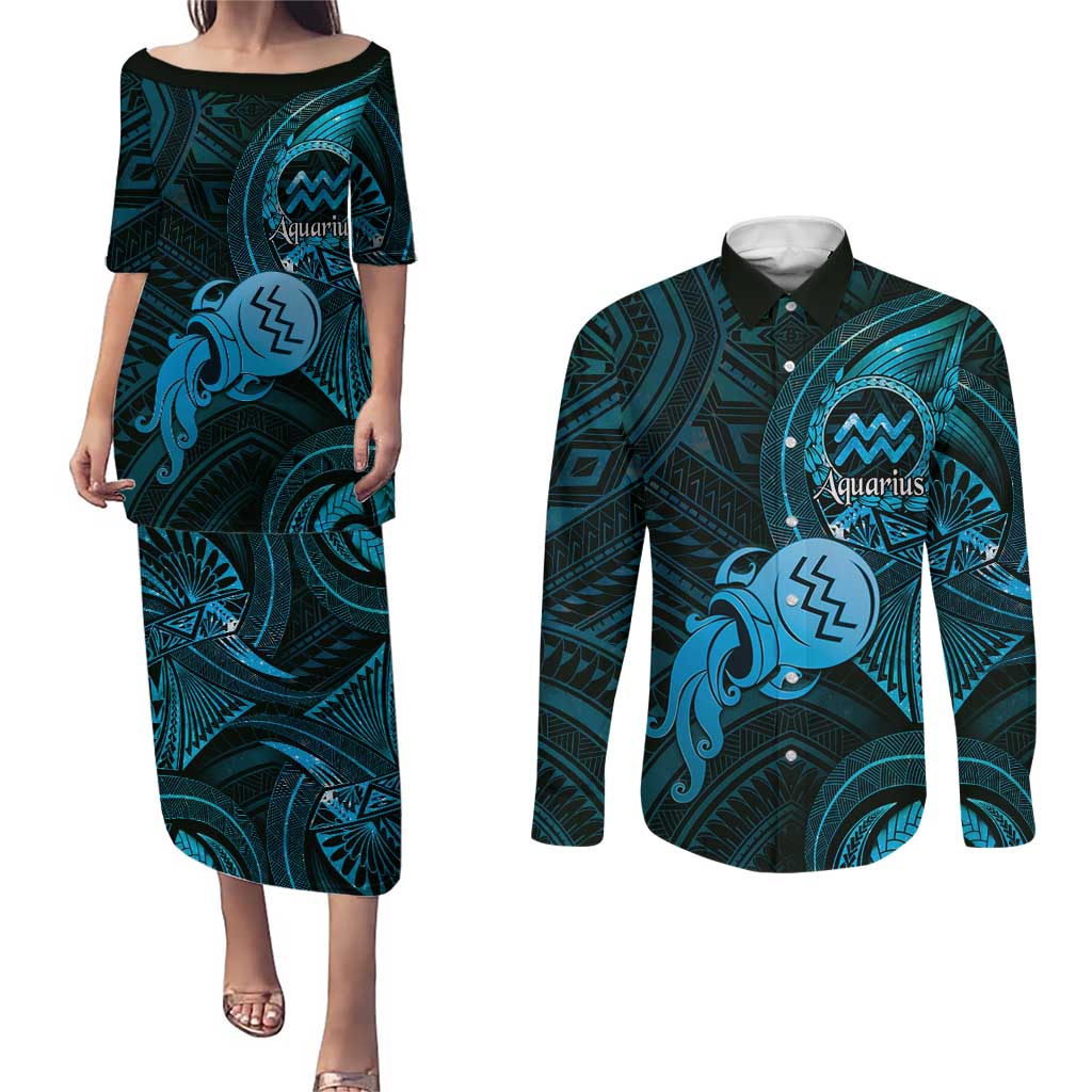 Personalised Polynesia Zodiac Aquarius Couples Matching Puletasi and Long Sleeve Button Shirt Galaxy Polynesian Pattern Chest Tattoo Style LT14 Blue - Polynesian Pride