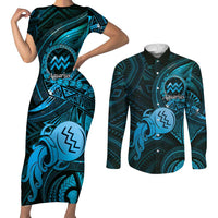 Personalised Polynesia Zodiac Aquarius Couples Matching Short Sleeve Bodycon Dress and Long Sleeve Button Shirt Galaxy Polynesian Pattern Chest Tattoo Style LT14 Blue - Polynesian Pride