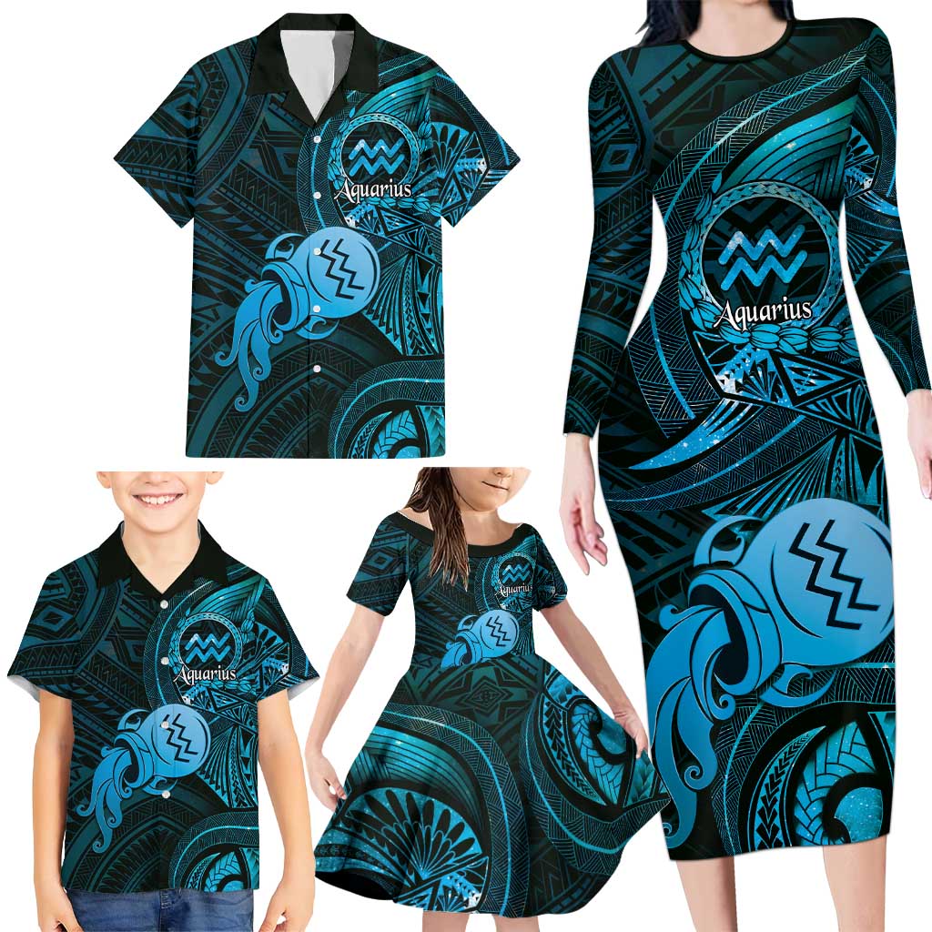 Personalised Polynesia Zodiac Aquarius Family Matching Long Sleeve Bodycon Dress and Hawaiian Shirt Galaxy Polynesian Pattern Chest Tattoo Style LT14 - Polynesian Pride