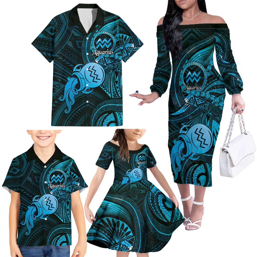 Personalised Polynesia Zodiac Aquarius Family Matching Off The Shoulder Long Sleeve Dress and Hawaiian Shirt Galaxy Polynesian Pattern Chest Tattoo Style LT14 - Polynesian Pride