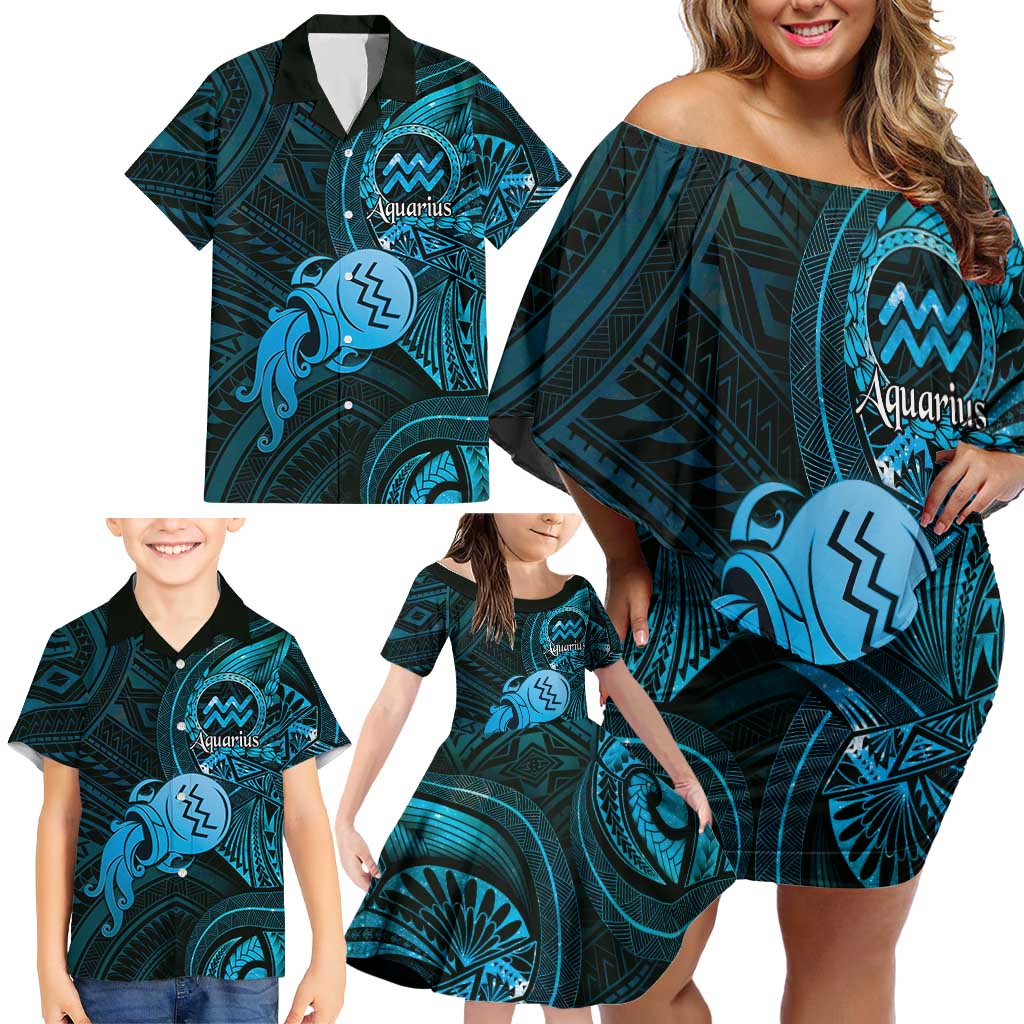 Personalised Polynesia Zodiac Aquarius Family Matching Off Shoulder Short Dress and Hawaiian Shirt Galaxy Polynesian Pattern Chest Tattoo Style