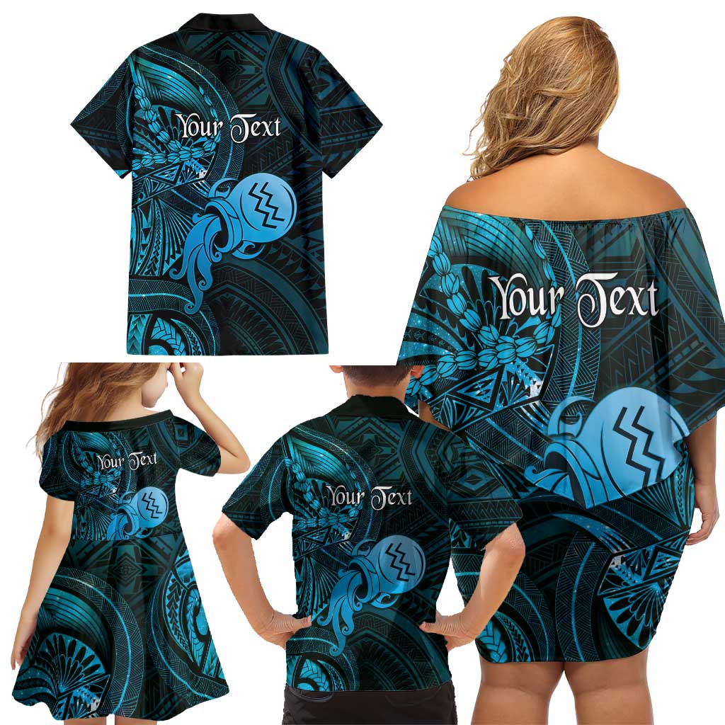 Personalised Polynesia Zodiac Aquarius Family Matching Off Shoulder Short Dress and Hawaiian Shirt Galaxy Polynesian Pattern Chest Tattoo Style