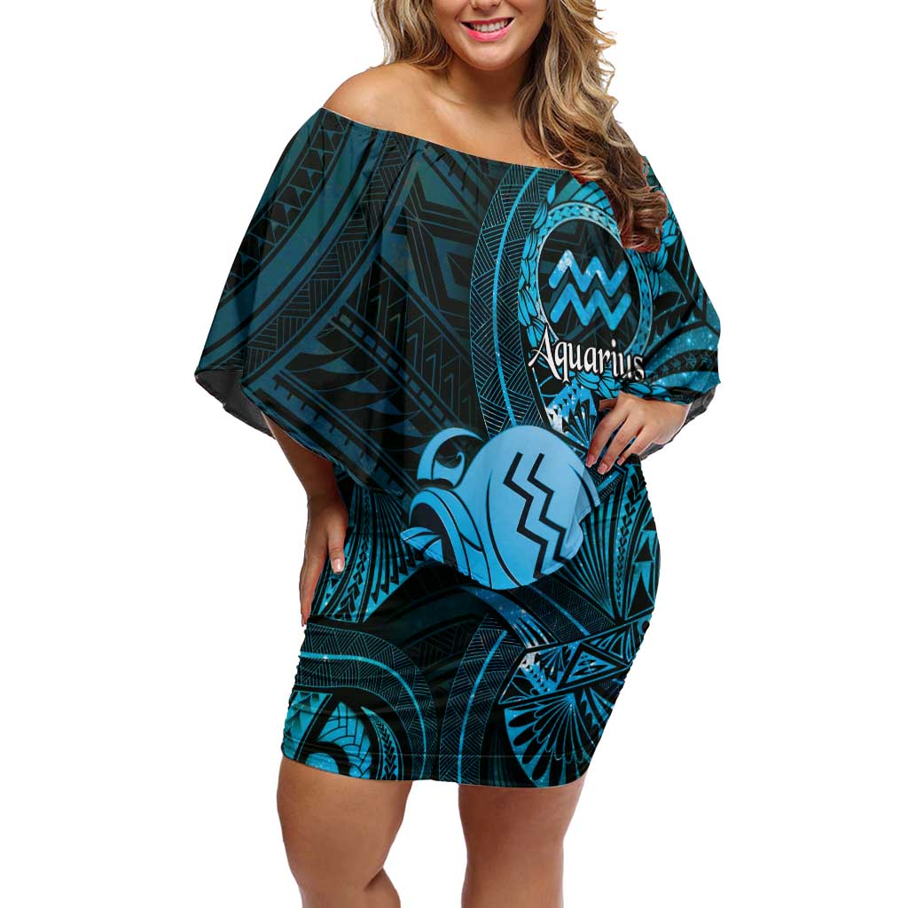 Personalised Polynesia Zodiac Aquarius Family Matching Off Shoulder Short Dress and Hawaiian Shirt Galaxy Polynesian Pattern Chest Tattoo Style