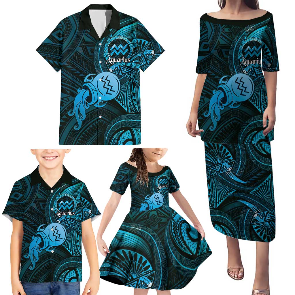 Personalised Polynesia Zodiac Aquarius Family Matching Puletasi and Hawaiian Shirt Galaxy Polynesian Pattern Chest Tattoo Style LT14 - Polynesian Pride