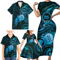 Personalised Polynesia Zodiac Aquarius Family Matching Short Sleeve Bodycon Dress and Hawaiian Shirt Galaxy Polynesian Pattern Chest Tattoo Style