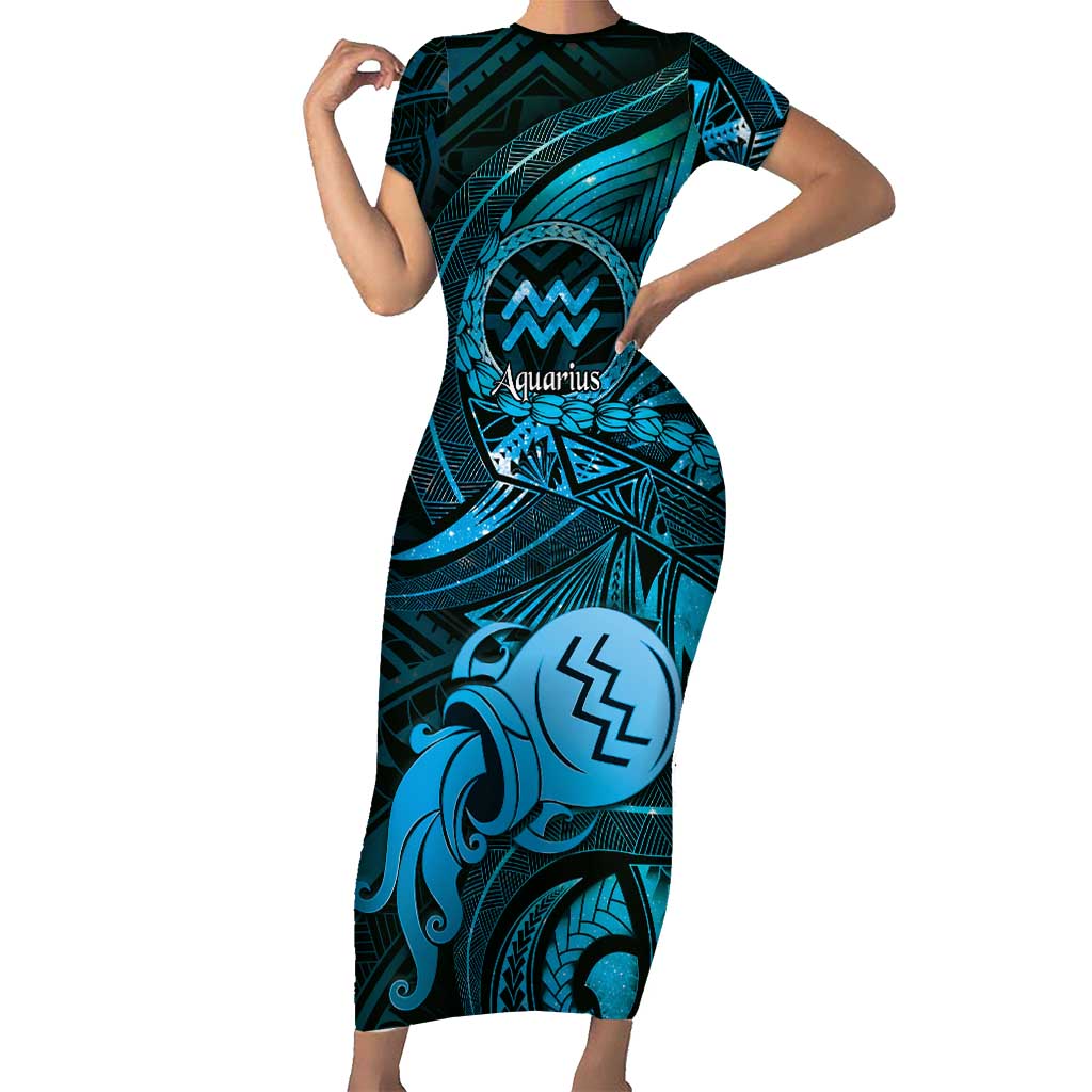 Personalised Polynesia Zodiac Aquarius Family Matching Short Sleeve Bodycon Dress and Hawaiian Shirt Galaxy Polynesian Pattern Chest Tattoo Style