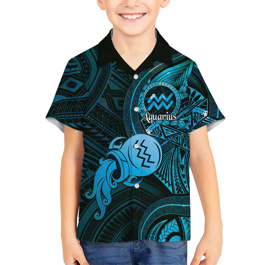 Personalised Polynesia Zodiac Aquarius Family Matching Short Sleeve Bodycon Dress and Hawaiian Shirt Galaxy Polynesian Pattern Chest Tattoo Style