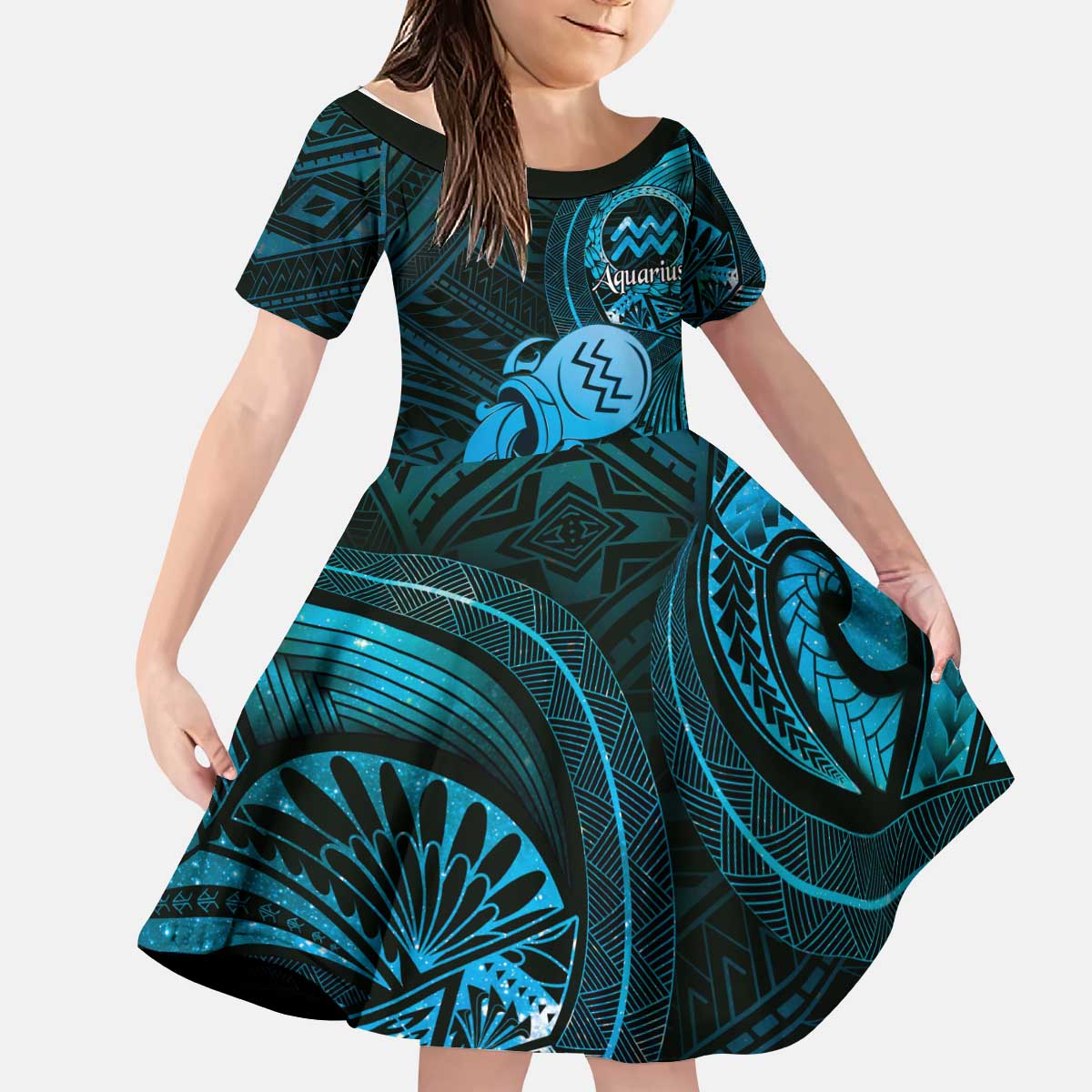 Personalised Polynesia Zodiac Aquarius Kid Short Sleeve Dress Galaxy Polynesian Pattern Chest Tattoo Style