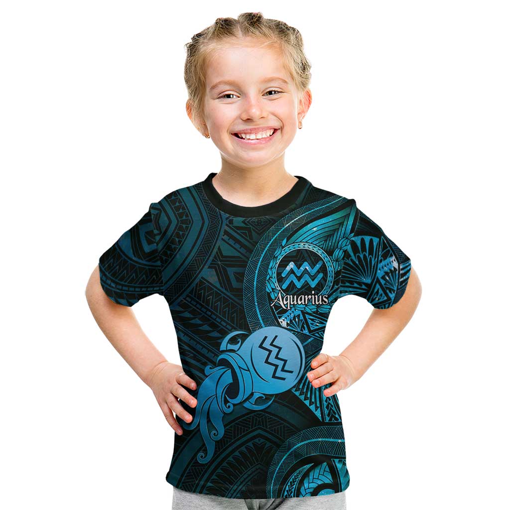 Personalised Polynesia Zodiac Aquarius Kid T Shirt Galaxy Polynesian Pattern Chest Tattoo Style LT14 Blue - Polynesian Pride