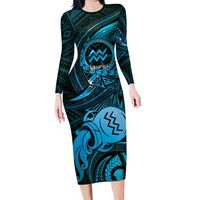 Personalised Polynesia Zodiac Aquarius Long Sleeve Bodycon Dress Galaxy Polynesian Pattern Chest Tattoo Style LT14 Long Dress Blue - Polynesian Pride