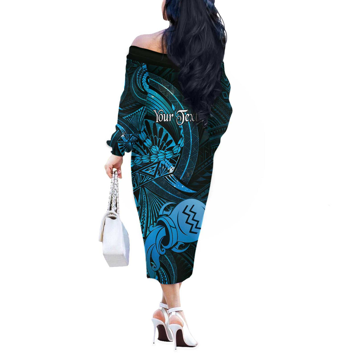 Personalised Polynesia Zodiac Aquarius Off The Shoulder Long Sleeve Dress Galaxy Polynesian Pattern Chest Tattoo Style