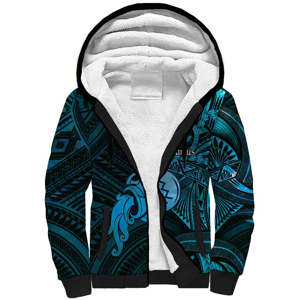 Personalised Polynesia Zodiac Aquarius Sherpa Hoodie Galaxy Polynesian Pattern Chest Tattoo Style