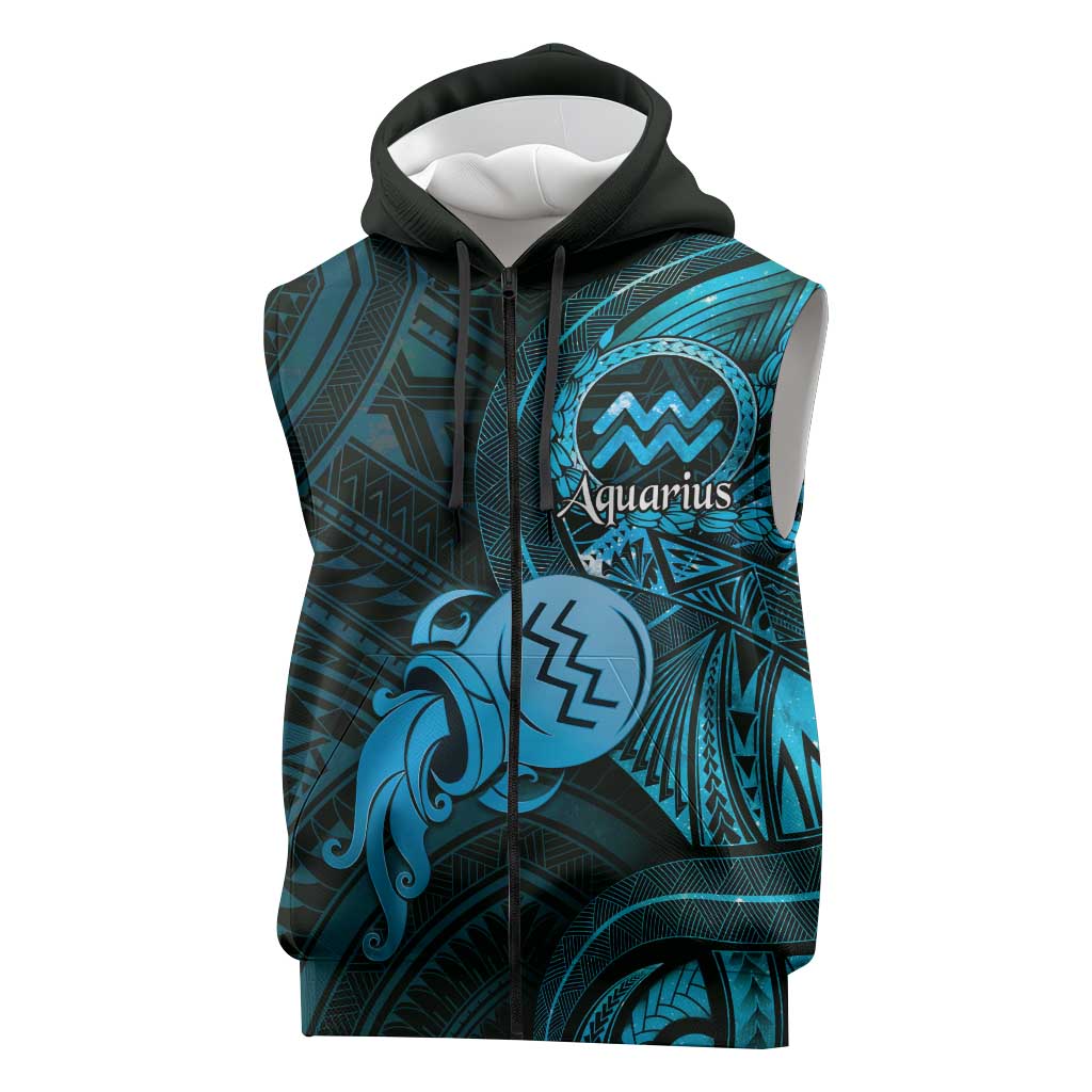 Personalised Polynesia Zodiac Aquarius Sleeveless Zip Hoodie Galaxy Polynesian Pattern Chest Tattoo Style