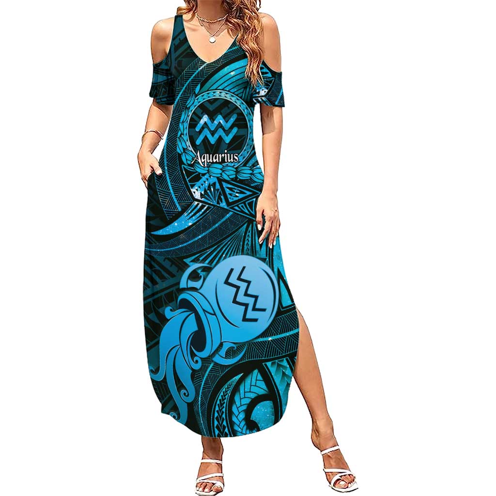 Personalised Polynesia Zodiac Aquarius Summer Maxi Dress Galaxy Polynesian Pattern Chest Tattoo Style