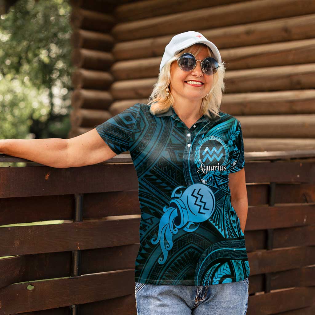 Personalised Polynesia Zodiac Aquarius Women Polo Shirt Galaxy Polynesian Pattern Chest Tattoo Style