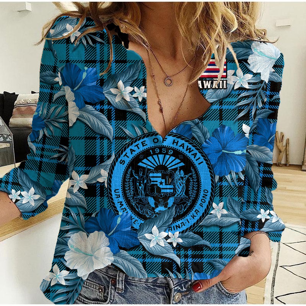 (Custom Personalised) Hawaii State Women Casual Shirt Tropical Flowers Mix Tartan Blue Version LT14 Female Blue - Polynesian Pride