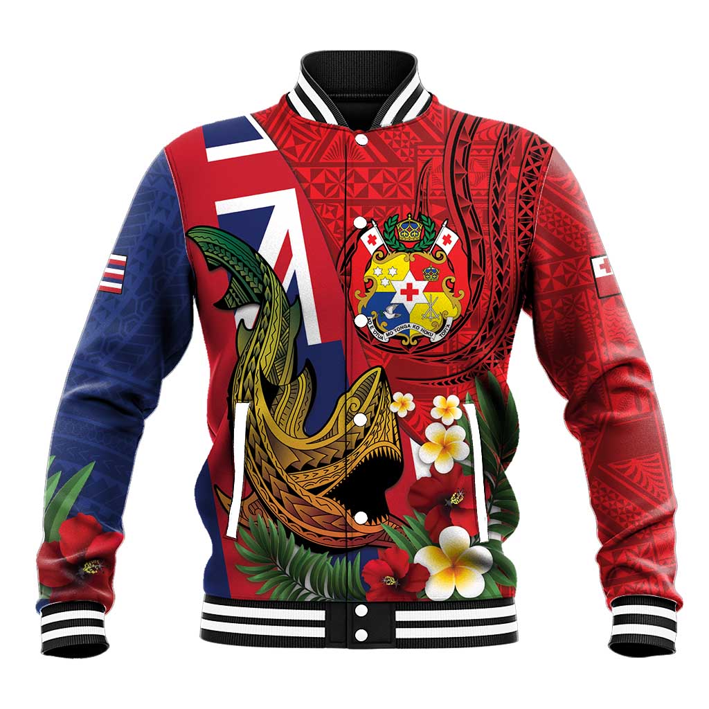 Hawaii And Tonga Baseball Jacket Shark Tattoo With Tongan Coat Of Arms LT14 Unisex Red - Polynesian Pride