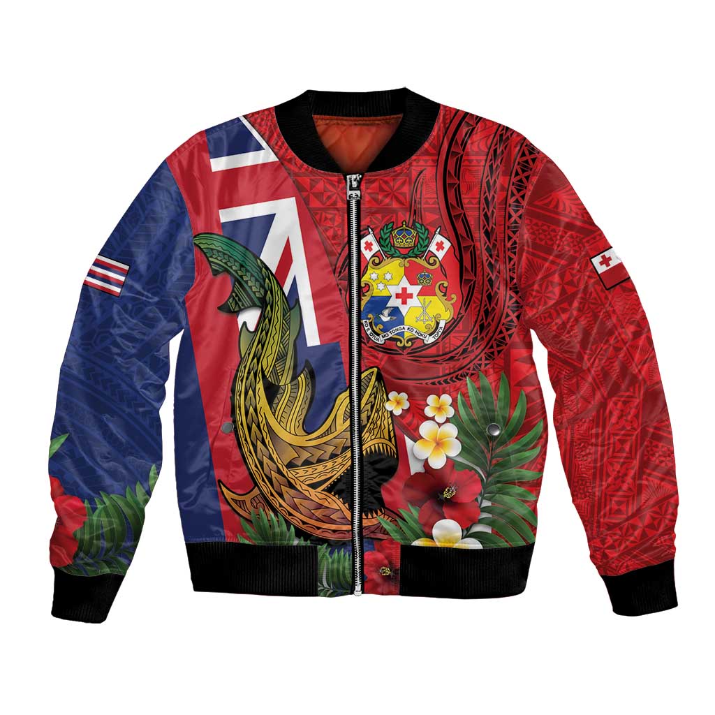 Hawaii And Tonga Bomber Jacket Shark Tattoo With Tongan Coat Of Arms LT14 Unisex Red - Polynesian Pride
