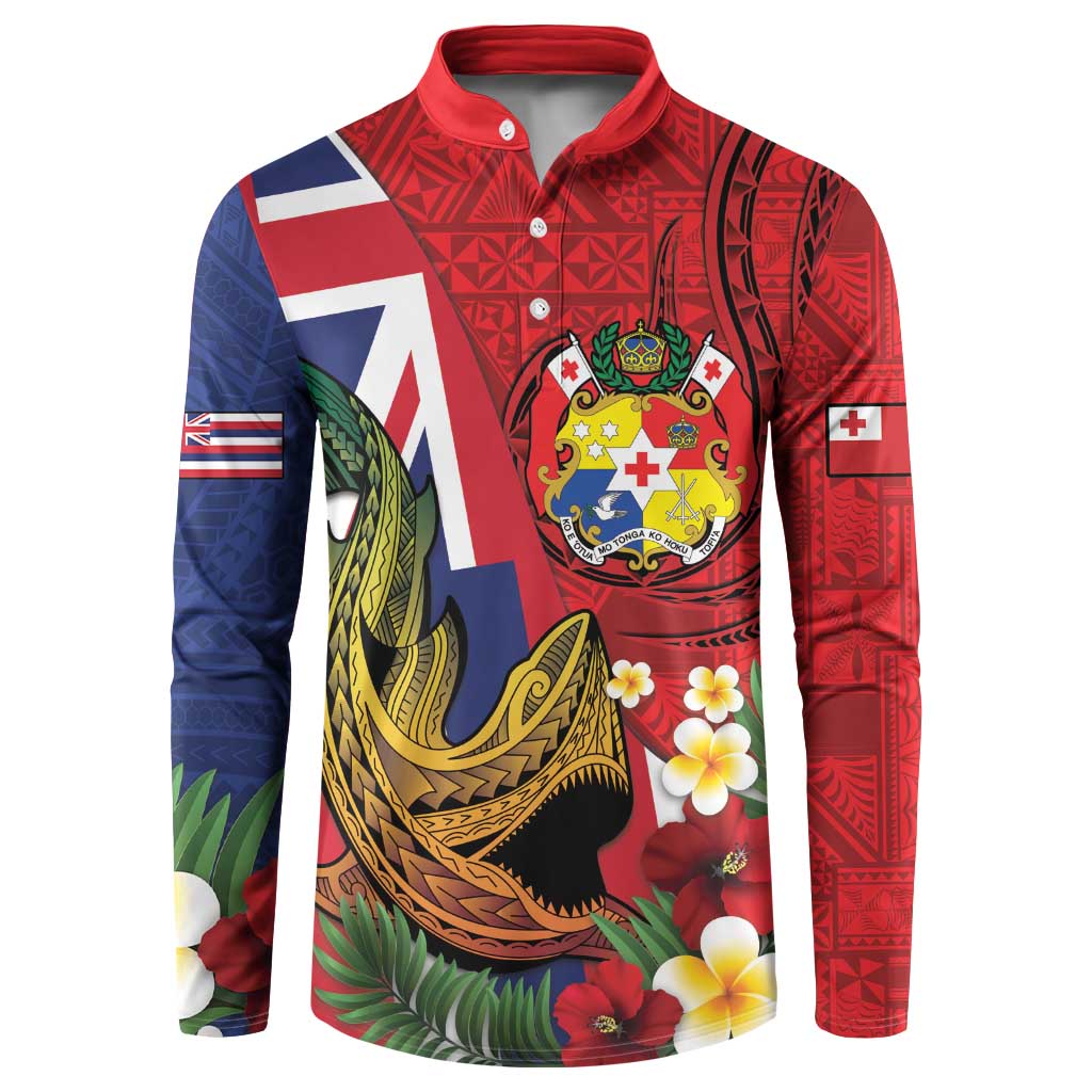 Hawaii And Tonga Button Sweatshirt Shark Tattoo With Tongan Coat Of Arms LT14 Red - Polynesian Pride