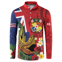 Hawaii And Tonga Button Sweatshirt Shark Tattoo With Tongan Coat Of Arms LT14 Red - Polynesian Pride