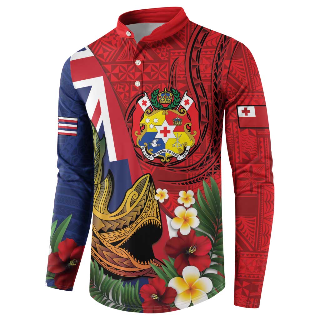 Hawaii And Tonga Button Sweatshirt Shark Tattoo With Tongan Coat Of Arms LT14 - Polynesian Pride