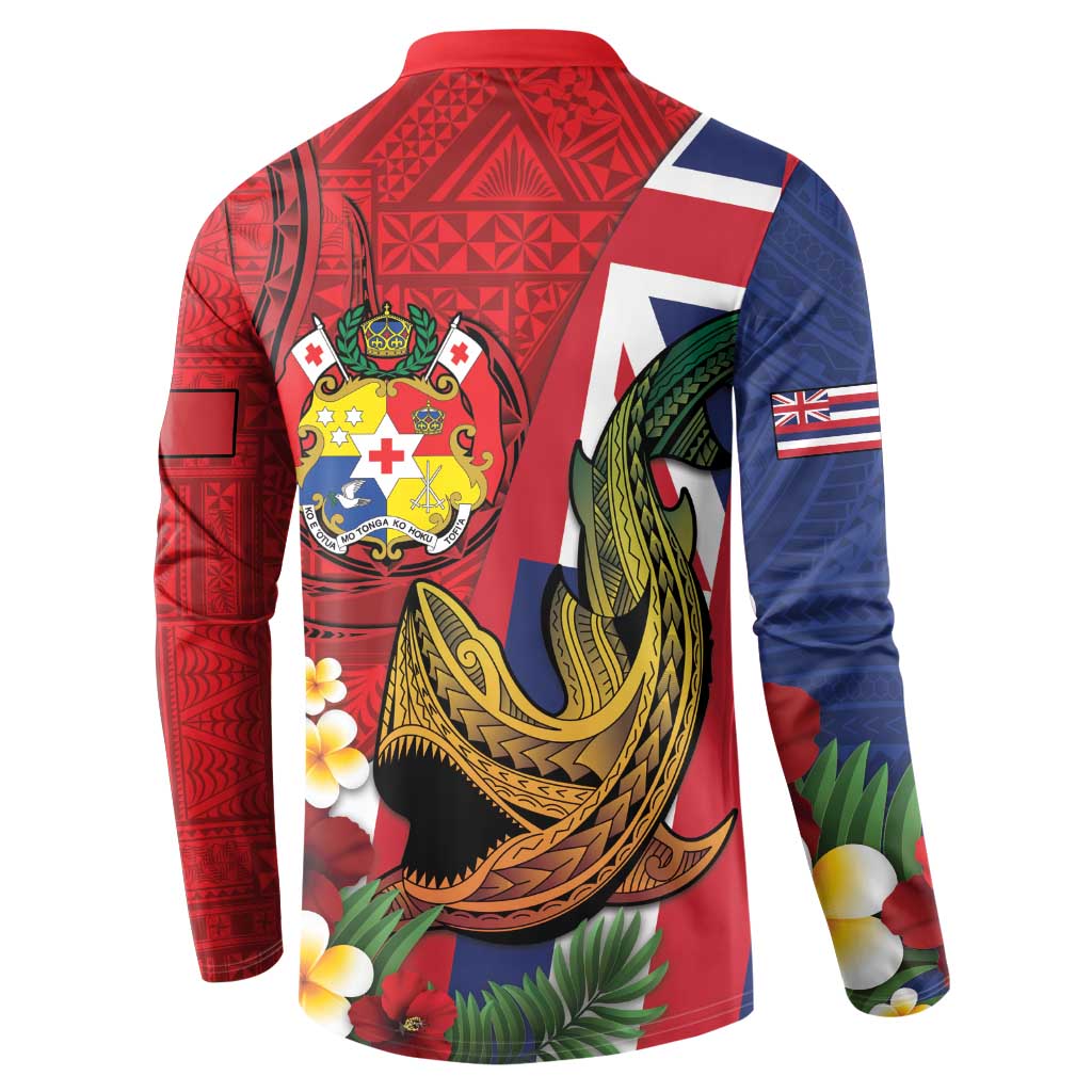 Hawaii And Tonga Button Sweatshirt Shark Tattoo With Tongan Coat Of Arms LT14 - Polynesian Pride