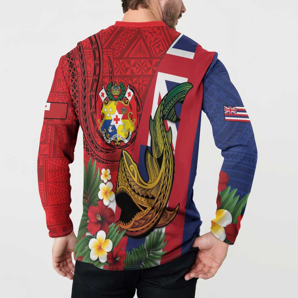 Hawaii And Tonga Button Sweatshirt Shark Tattoo With Tongan Coat Of Arms LT14 - Polynesian Pride