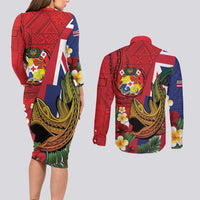 Hawaii And Tonga Couples Matching Long Sleeve Bodycon Dress and Long Sleeve Button Shirt Shark Tattoo With Tongan Coat Of Arms