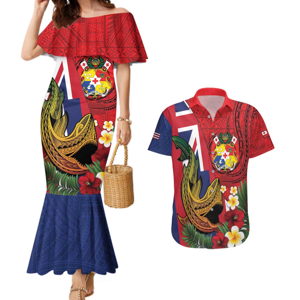 Hawaii And Tonga Couples Matching Mermaid Dress and Hawaiian Shirt Shark Tattoo With Tongan Coat Of Arms