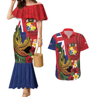 Hawaii And Tonga Couples Matching Mermaid Dress and Hawaiian Shirt Shark Tattoo With Tongan Coat Of Arms