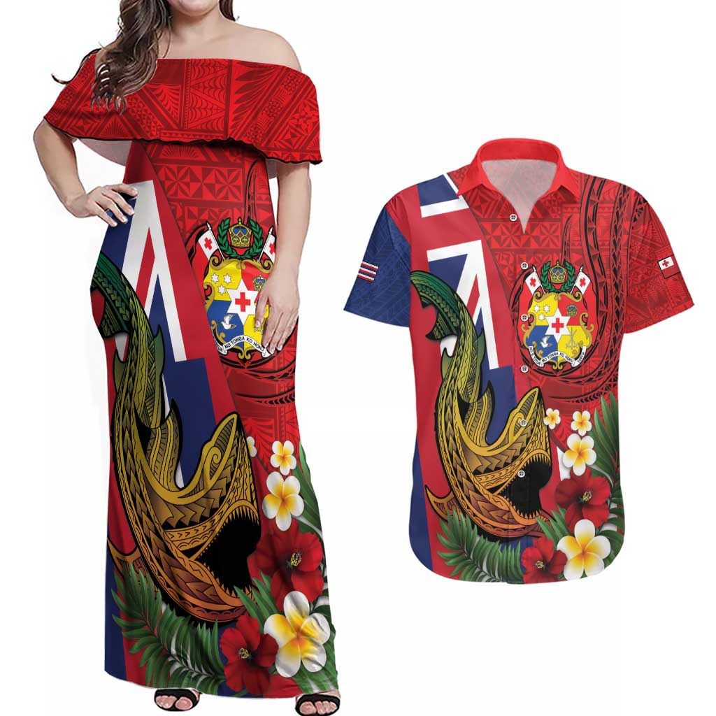 Hawaii And Tonga Couples Matching Off Shoulder Maxi Dress and Hawaiian Shirt Shark Tattoo With Tongan Coat Of Arms