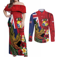 Hawaii And Tonga Couples Matching Off Shoulder Maxi Dress and Long Sleeve Button Shirt Shark Tattoo With Tongan Coat Of Arms