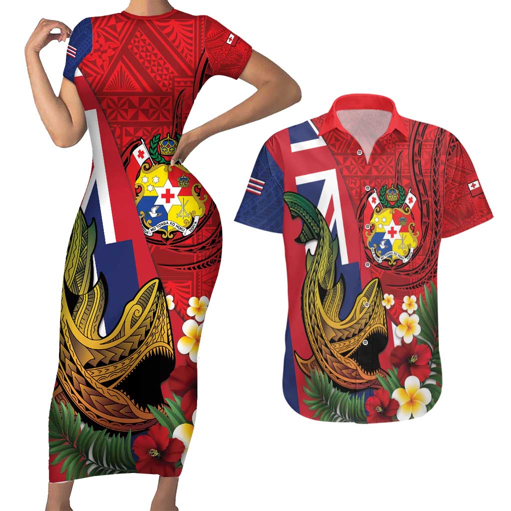 Hawaii And Tonga Couples Matching Short Sleeve Bodycon Dress and Hawaiian Shirt Shark Tattoo With Tongan Coat Of Arms
