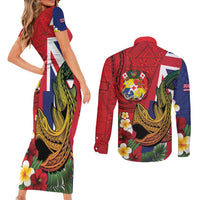 Hawaii And Tonga Couples Matching Short Sleeve Bodycon Dress and Long Sleeve Button Shirt Shark Tattoo With Tongan Coat Of Arms