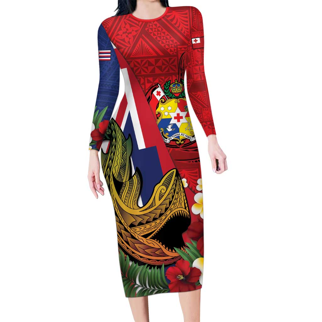 Hawaii And Tonga Family Matching Long Sleeve Bodycon Dress and Hawaiian Shirt Shark Tattoo With Tongan Coat Of Arms