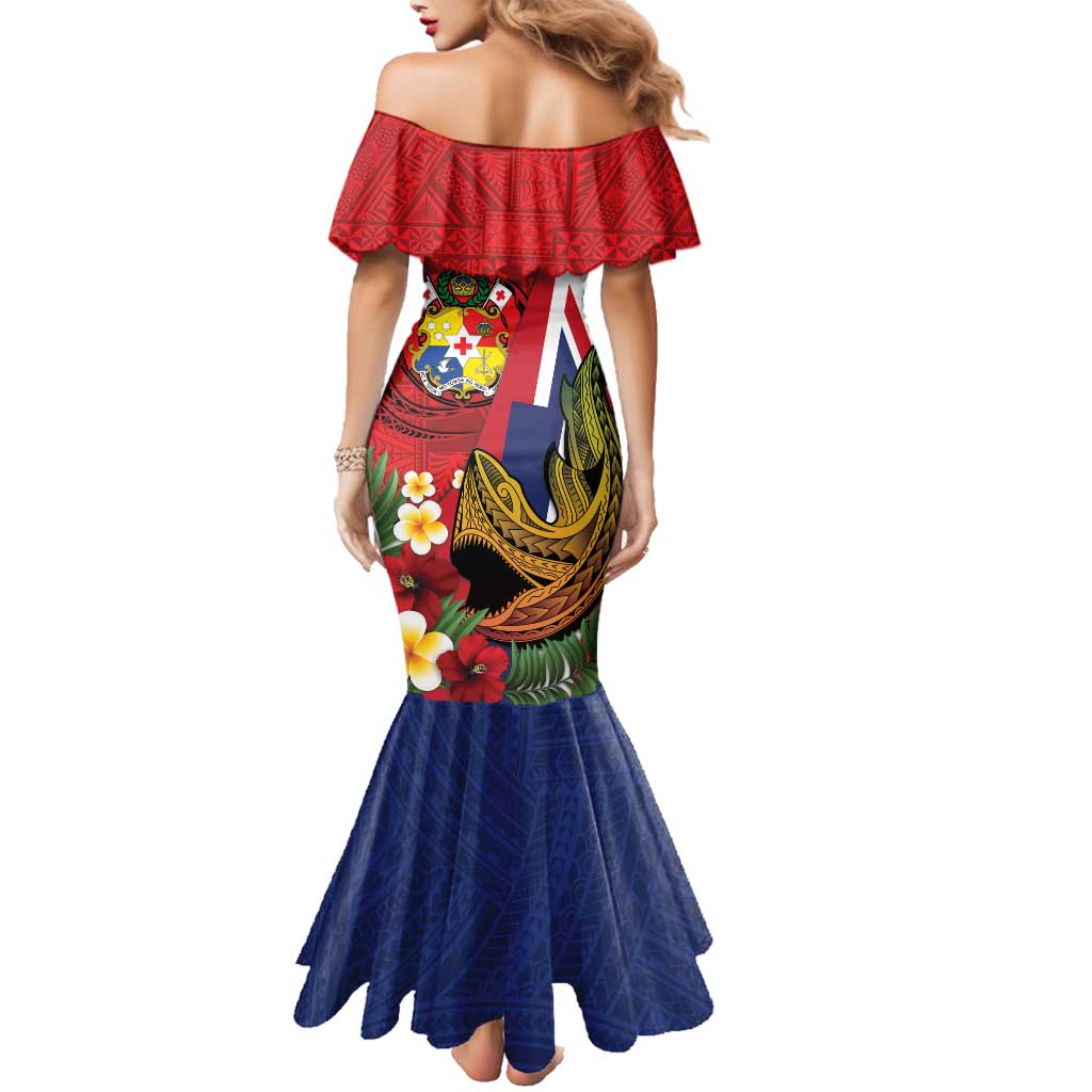 Hawaii And Tonga Family Matching Mermaid Dress and Hawaiian Shirt Shark Tattoo With Tongan Coat Of Arms