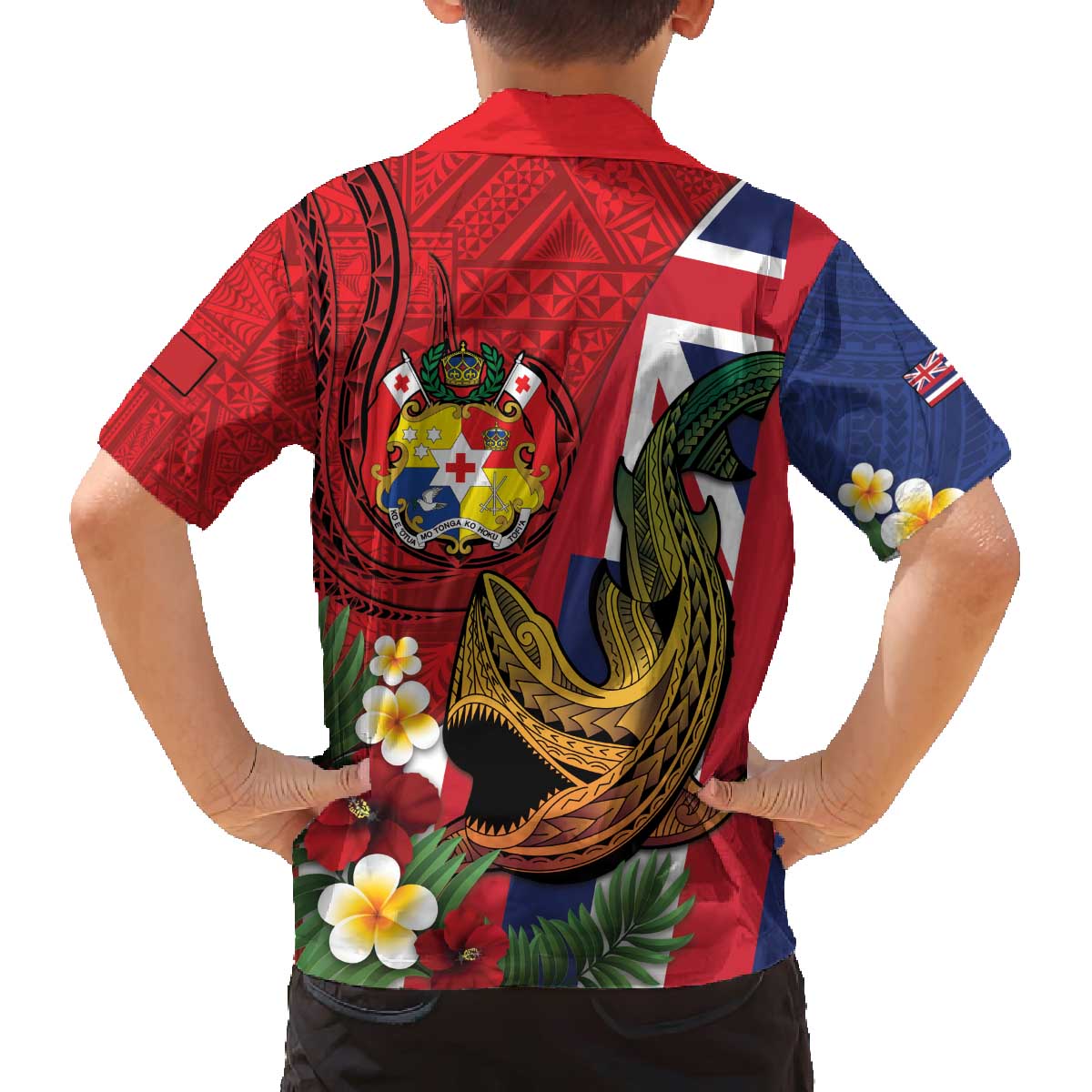 Hawaii And Tonga Family Matching Off The Shoulder Long Sleeve Dress and Hawaiian Shirt Shark Tattoo With Tongan Coat Of Arms