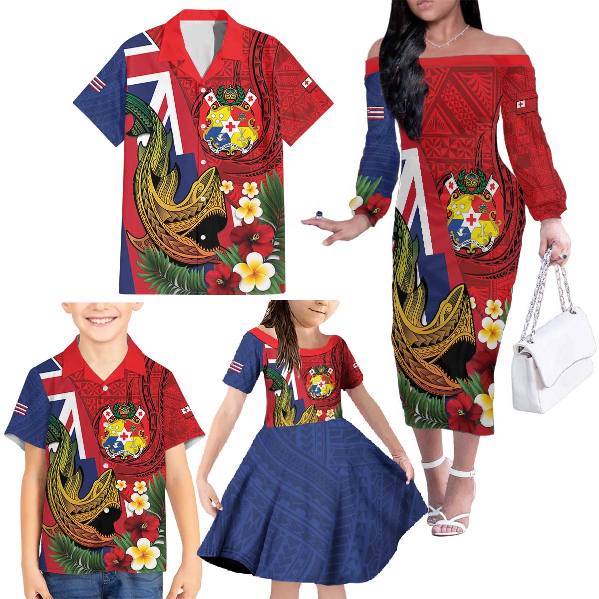 Hawaii And Tonga Family Matching Off The Shoulder Long Sleeve Dress and Hawaiian Shirt Shark Tattoo With Tongan Coat Of Arms