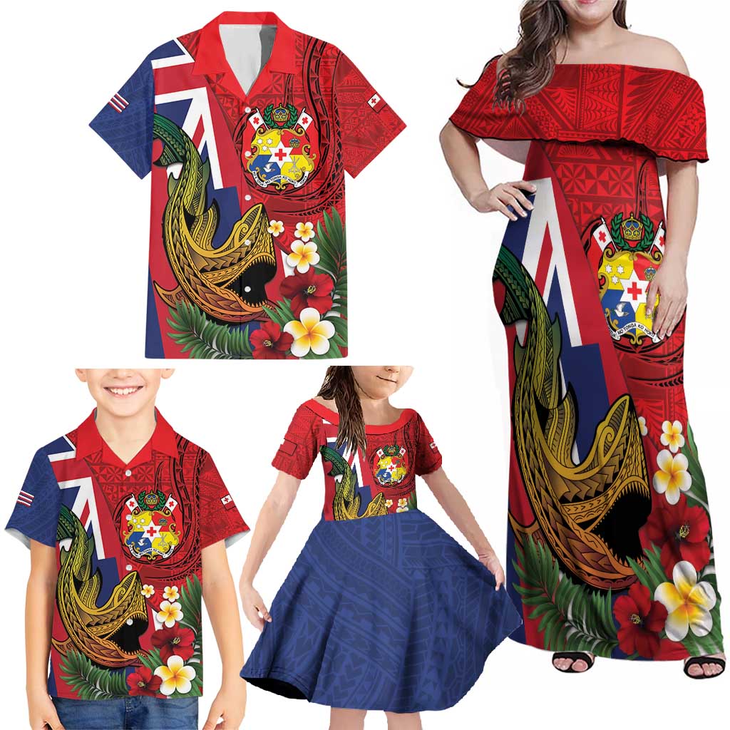Hawaii And Tonga Family Matching Off Shoulder Maxi Dress and Hawaiian Shirt Shark Tattoo With Tongan Coat Of Arms
