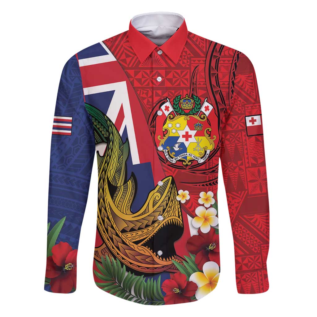 Hawaii And Tonga Family Matching Off Shoulder Maxi Dress and Hawaiian Shirt Shark Tattoo With Tongan Coat Of Arms