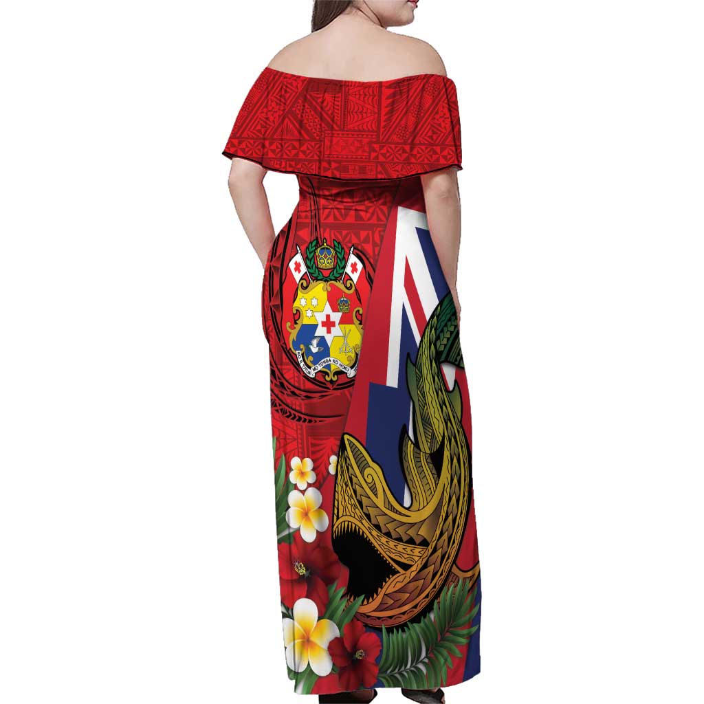 Hawaii And Tonga Family Matching Off Shoulder Maxi Dress and Hawaiian Shirt Shark Tattoo With Tongan Coat Of Arms