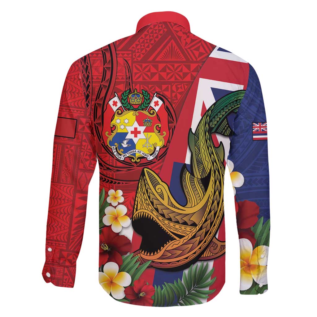 Hawaii And Tonga Family Matching Short Sleeve Bodycon Dress and Hawaiian Shirt Shark Tattoo With Tongan Coat Of Arms