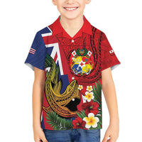 Hawaii And Tonga Family Matching Short Sleeve Bodycon Dress and Hawaiian Shirt Shark Tattoo With Tongan Coat Of Arms
