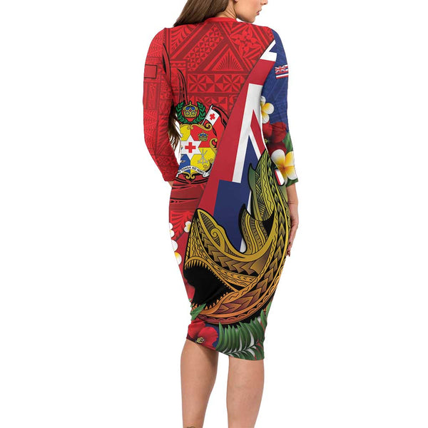 Hawaii Long Sleeve Bodycon Dress Polynesian Shark Tattoo With Plumeria Green Gradient LT14 main image 1