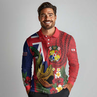 Hawaii And Tonga Long Sleeve Polo Shirt Shark Tattoo With Tongan Coat Of Arms